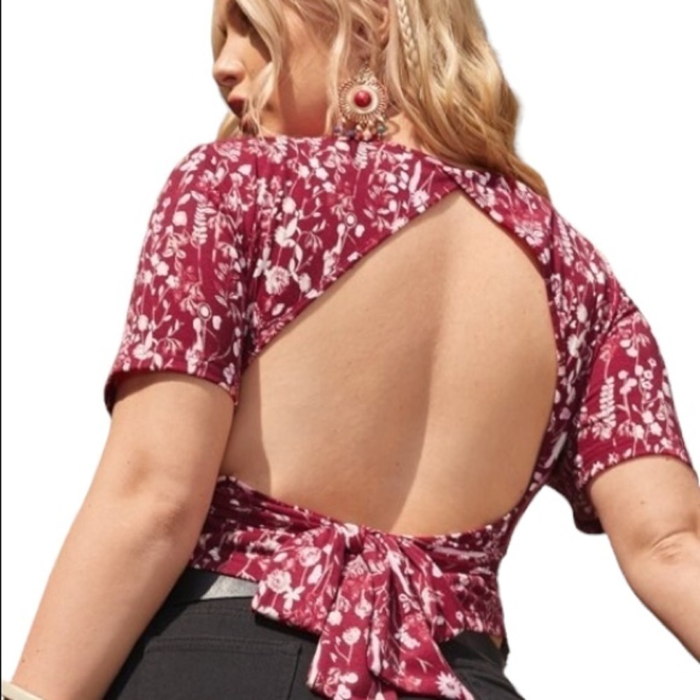 SHEIN Curve Tie Open Back Floral Print Crop Tee Burgundy Red Sz 4XL